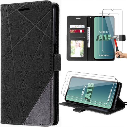 Coque Pour Samsung Galaxy A15 5g/4g + 2 Verres Trempés, Noir Pliable Effet Cuir Rétro Et Intérieur Tpu - Booling