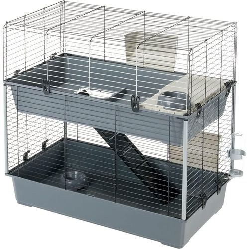 Cage À 2 Étages Pour Lapins Rabbit 100 Double,Maisonnette Pour Petits Animaux,Clapier Avec Accessoires Inclus,En Métal Vernis Noir Et En Plastique,95 X 57 X H 93,5 Cm