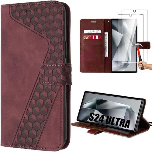 Coque Pour Samsung Galaxy S24 Ultra, Flip Case Cuir Synthétique Avec Motif Mosaïque Rouge + 2 Verres Trempés - E.F.Connection