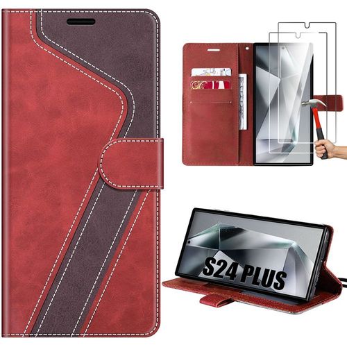 Coque pour Samsung Galaxy S24 Ultra, Housse Souple Antichoc Cuir PU - Rouge + 2 Protection d'écran Verre Trempé - E.F.Connection