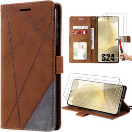 Coque Pour Samsung Galaxy S24 Avec 2 Verres Trempés - Protection Effet Cuir Marron - E.F.Connection