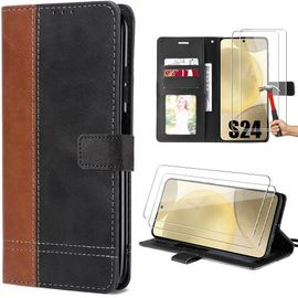Coque Pour Samsung Galaxy S24 Avec 2 Verres Trempés, Synthécuir Bicolore Marron - E.F.Connection