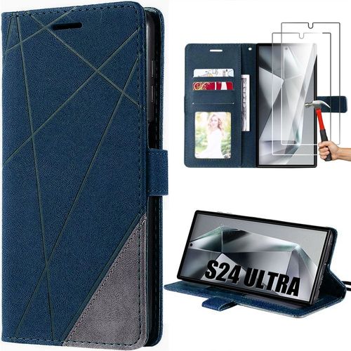 Coque pour Samsung Galaxy S24 Ultra avec 2 Verres Trempés, Coque Effet Cuir Flip Case - Bleu Marine - E.F.Connection