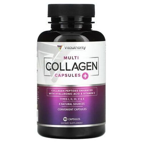 Vitauthority Capsules De Multi-Collagène, Vitamine C Et Acide Hyaluronique, Non Aromatisé, 90 Capsules 