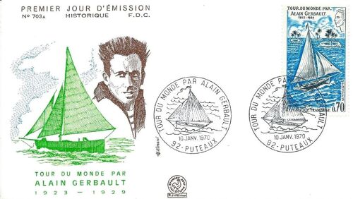 France 1970, Belle Enveloppe 1er Jour Fdc 703a, Timbre Yvert 1621, Tour Du Monde A La Voile Par Alain Gerbault, De 1923 À 1929.