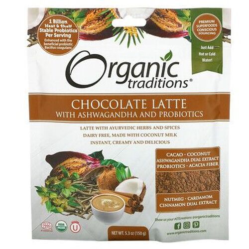 Organic Traditions Latte Au Chocolat Avec Ashwagandha Et Probiotiques, 150 G 