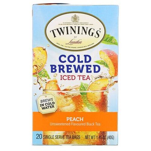 Twinings Thé Glacé Infusé À Froid, Thé Noir Non Sucré, Pêche, 20 Sachets De Thé, 40 G