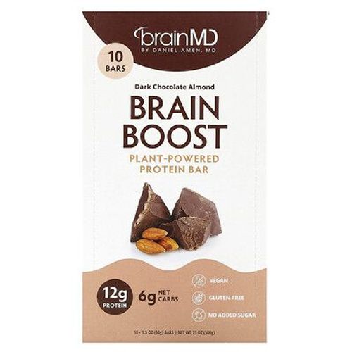 Brainmd Brain Boost, Barre Protéinée À Base De Plantes, Chocolat Noir Aux Amandes, 10 Barres, 50 G Chacune