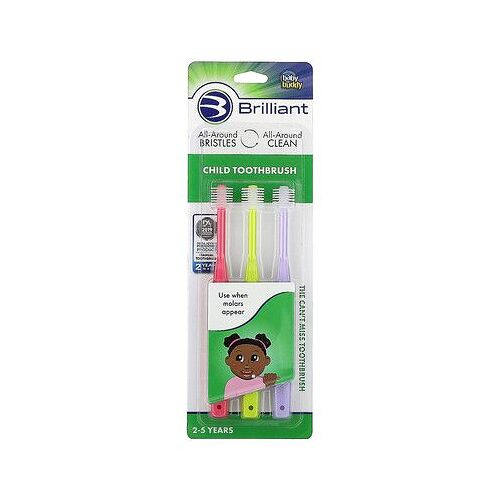 Baby Buddy Brilliant, Brosse À Dents Pour Enfants, 2 À 5 Ans, Rose, Jaune, Violet, 3 Brosses À Dents