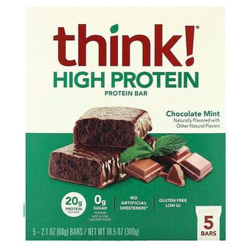 Think ! Barres Riches En Protéines, Chocolat Et Menthe, 5 Barres, 60 G Chacune