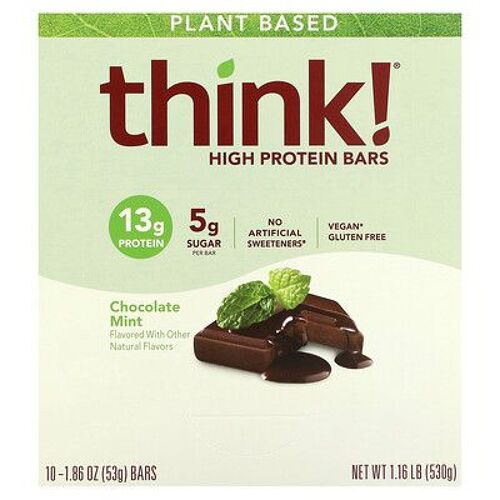 Think ! Barres Riches En Protéines, Chocolat Et Menthe, 10 Barres, 53 G Chacune