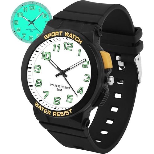 Montre Pour Garçons Filles - Bracelet En Caoutchouc, Etanche, Sports De Plein Air - 7-15 Ans - Noir Blanc