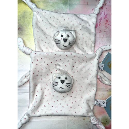 Doudou Chat Monoprix Plat Blanc Fleurs Roses - Lot De Deux Doudous Chats Jouets Bebes Naissance Doudoublure