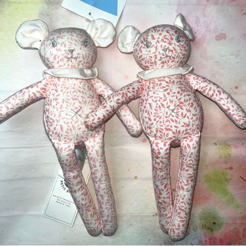 Doudou Souris Petit Bateau Blanc Rose Feuilles Lot De Deux Peluches Joues Doudous