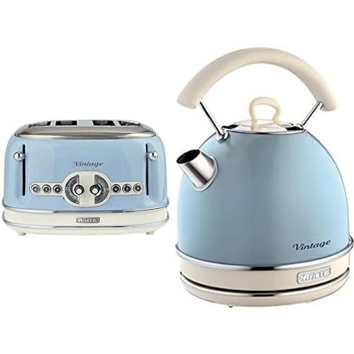 Vintage 156 Grille-Pain 4 Tranches,6 Niveaux De Grillage,1600 W,Bleu & Vintage 2877 Bouilloire Électrique,2000 Watts,1,7 L,En Acier Inoxydable Peint En Bleu Pastel