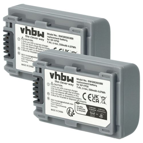 vhbw 2x Batterie remplacement pour Sony NP-FP71, NP-FP70, NP-FP60, NP-FP51, NP-FP50, NP-FP30 pour caméra vidéo caméscope (500mAh, 7,2V, Li-ion)