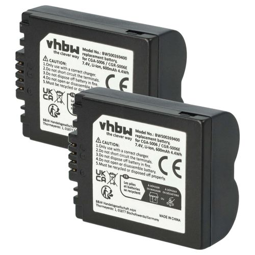 vhbw 2x Batterie remplacement pour Panasonic DMW-BMA7, CGR-S006E, CGR-S006, CGA-S006E, CGA-S006 pour appareil photo (600mAh, 7,2V, Li-ion)