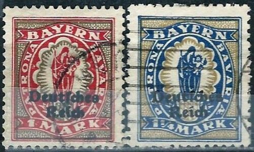Allemagne, Ancien État De Bavière 1920, Beaux Timbres Yvert 206 Et 207, Vierge À L'enfant 1mk Carmin Et Gris Et 1 1/4mk Outremer Et Bistre, Surchargés "Deutsches Reich", Oblitérés, Tbe. -