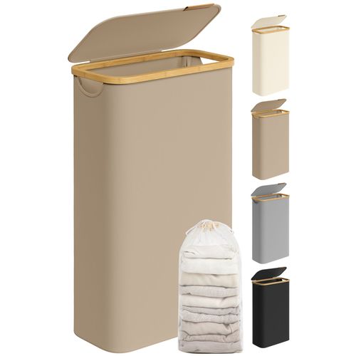 Panier à Linge Mince avec Couvercle, 65L, Doublure en Maille Amovible, Tissu Oxford, Poignées en Bambou, Pliable, 42 x 22,5 x 70,5 cm, Marron Camel