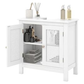 Costway Meuble Sous Vasque L15 X P20 Cm, Avec Placard À 2 Portes En Rotin, 3 Étagère Pour Salle De Bain, 60 X 30 X 60 Cm, Blanc