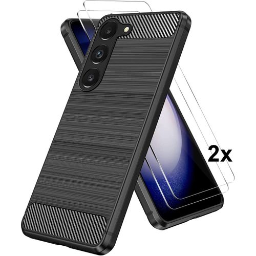 Coque Pour Samsung Galaxy S23 Plus - 2 Films Verre Trempé Coque Silicone Gel Effet Carbone - Noir