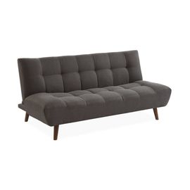 Canapé 3 Places Banquette Clic Clac Convertible En Tissu Gris Foncé Et Pieds Bois Couleur Noyer