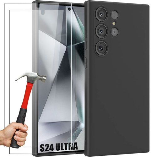 Coque Silicone Noir Pour Samsung Galaxy S24 Ultra Avec 2 Verres Trempés Antichoc Anti-Rayures - E.F.Connection
