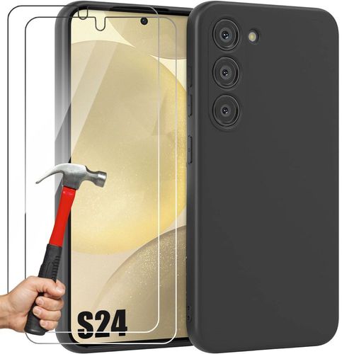 Coque Pour Samsung Galaxy S24, Silicone Liquide Noir + 2 Verres Trempés Protection D'écran - E.F.Connection
