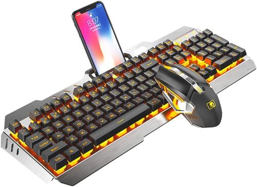 Ensemble Clavier Et Souris De Jeu Sans Fil, 2,4 G Rechargeable, 3800 Mah, Grande Capacité, Clavier De Jeu Mécanique Rétroéclairé À Del Orange Avec Mise En Veille Intelligente +Souris Rétroéclairée À
