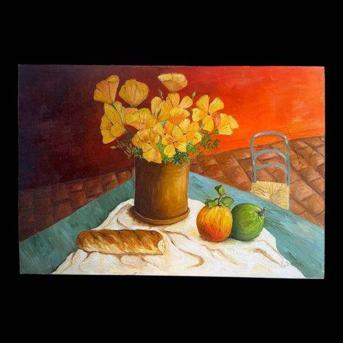 Nature morte aux fleurs pain pommes et chaise signe multicolore