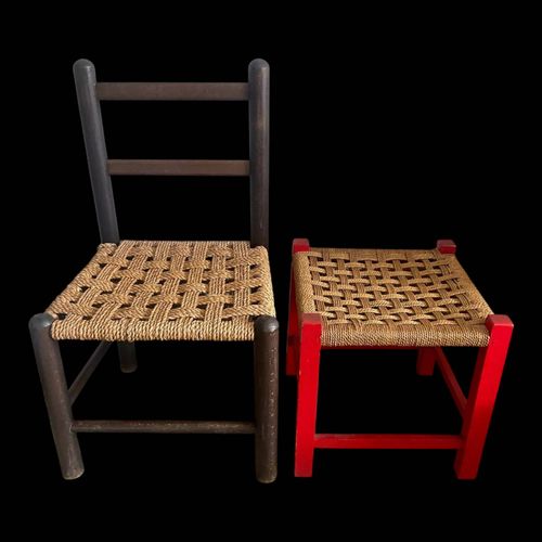 Duo de chaises enfant vintage en corde et bois bois