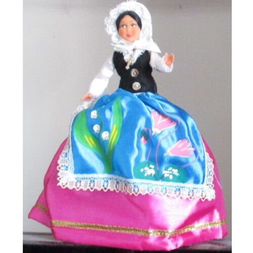 Ancienne poupée folklorique de collection Jura- poupée Fanchon de 14cm avec corsage blanc et corselet noir, jupe rose, tablier fleuri et bonnet- hauteur totale avec jupon 18cm