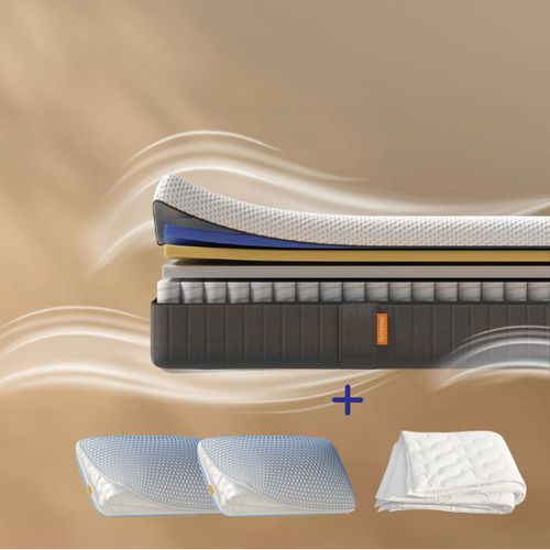 EMMA | Pack Matelas Hybride II Plus 160x200 + Oreiller Nuage Elite + Couette | Mémoire de Forme + Ressorts | Housse Plus Respirante