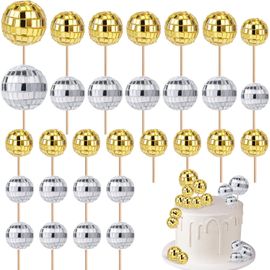 30pcs Décorations Cupcakes Boule Disco,Mini Pics Boule Disco Décorations Gâteaux Rétro Avec Bâton Fournitures Fête À Thème Disco Des Années 70 Dessert Décoration Anniversaire (Argent,Or)