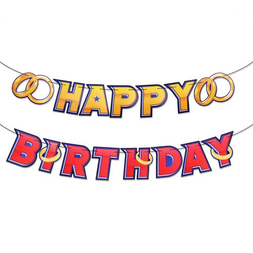 Bannière Happy Birthday Dessin Animé Bleu Avec Anneau En Or,Bannière Pré-Enfilée Sur Thème Des Dessins Animés Jeux Vidéo Avec Bague En Or Fournitures Décoration Fête Pour Garçons Et Filles