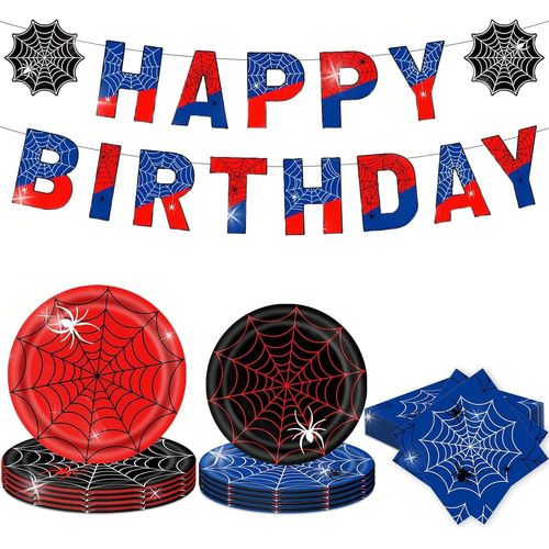 Banniere Anniversaire Rouge Noir Super Heros Vaisselle Fete Araignee Ensemble Decoration Enfants Party Set