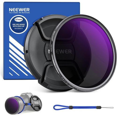 NEEWER Filtre ND Variable 67mm ND2-400 (1-9 Arrêts) avec Bouchon d'Objectif,Cordon,Chiffon,Réglage Précis de Densité Neutre,Verre Optique Multicouche Résistant aux Empreintes Digitales et aux Rayures