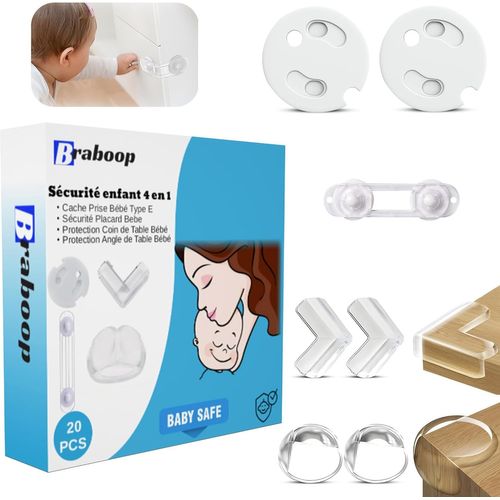 Kit De Sécurité Enfant 20 Pcs-Cache-Prise Bébé Type E [X5] Sans Clé Avec Adhésif-Sécurité Placard Bébé [X5] Avec Adhésif 3m-Protection Coin De Table [X5]-Protection Angle De Table Bébé [X5]
