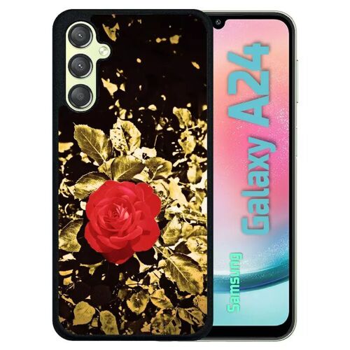 Coque Pour Galaxy A24 - Rose Et Feuille D'or - Silicone - Noir