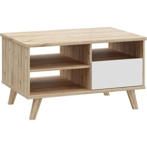 Table Basse - Vankka - Rectangulaire - Chêne / Blanc Mat - Pieds En Bois - 90 X 60 X 51,8 Cm