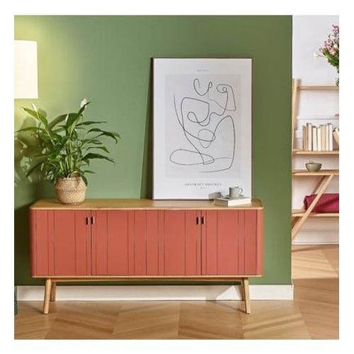 Robin Des Bois - Kyoto - Buffet 4 Portes, Bois Massif, Plateau En Chêne, Design Contemporain, Fsc® - Rouge