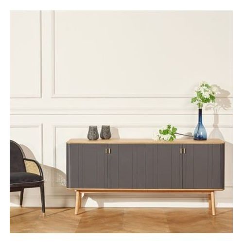 Robin Des Bois - Kyoto - Buffet 4 Portes, Bois Massif, Plateau En Chêne, Design Contemporain, Fsc® - Gris