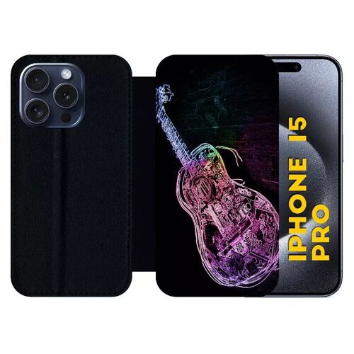 Etui À Rabat Pour Iphone 15 Pro - Guitare Effet Néon - Silicone - Noir