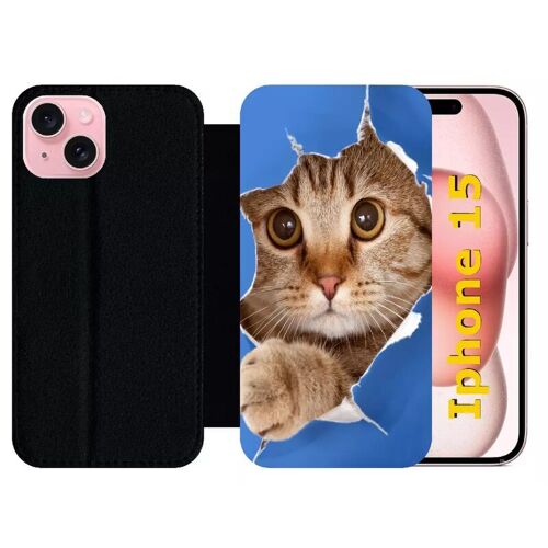 Etui À Rabat Pour Iphone 15 - Chat Trou - Silicone - Noir