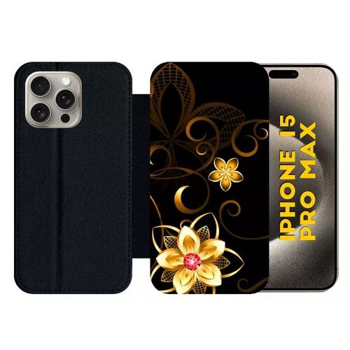 Etui À Rabat Pour Iphone 15 Pro Max - Golden Flowers 2 - Silicone - Noir