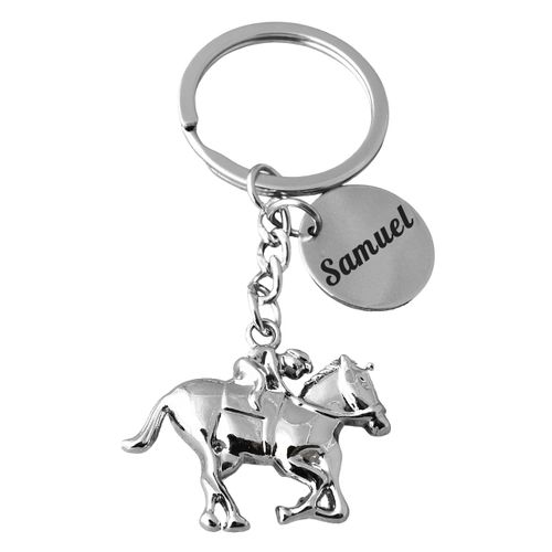 Porte-Clés Jockey Sur Son Cheval Au Galop Argenté Gravure Personnalisée Sur Médaille