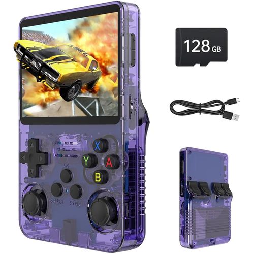 R36S Console de Jeux Portable rétro, écran IPS de 3,5 Pouces, 128 Go de mémoire, Plus de 40 000 Jeux, basée sur ARKOS à Code Ouvert LINXU, Batterie de 3500 mAh (Violet)