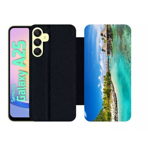 Etui À Rabat Pour Galaxy A25 - Cadre Paradisiaque Cases Sur Piloties - Simili-Cuir - Noir