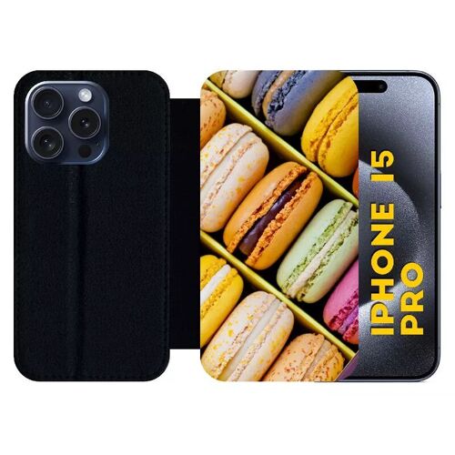 Etui À Rabat Pour Iphone 15 Pro - Boite De Delicieux Macarons - Silicone - Noir