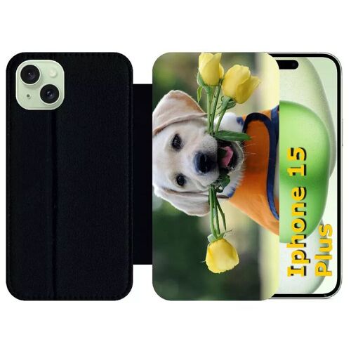 Etui À Rabat Pour Iphone 15 Plus - Chiot Labrador Avec Roses Jaunes - Silicone - Noir